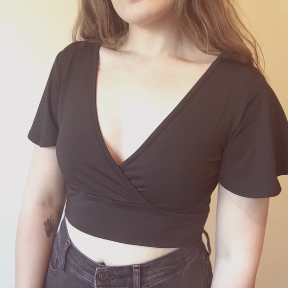 Black Wrap Style Crop Top with a Tie-Back - Picture 1 of 6